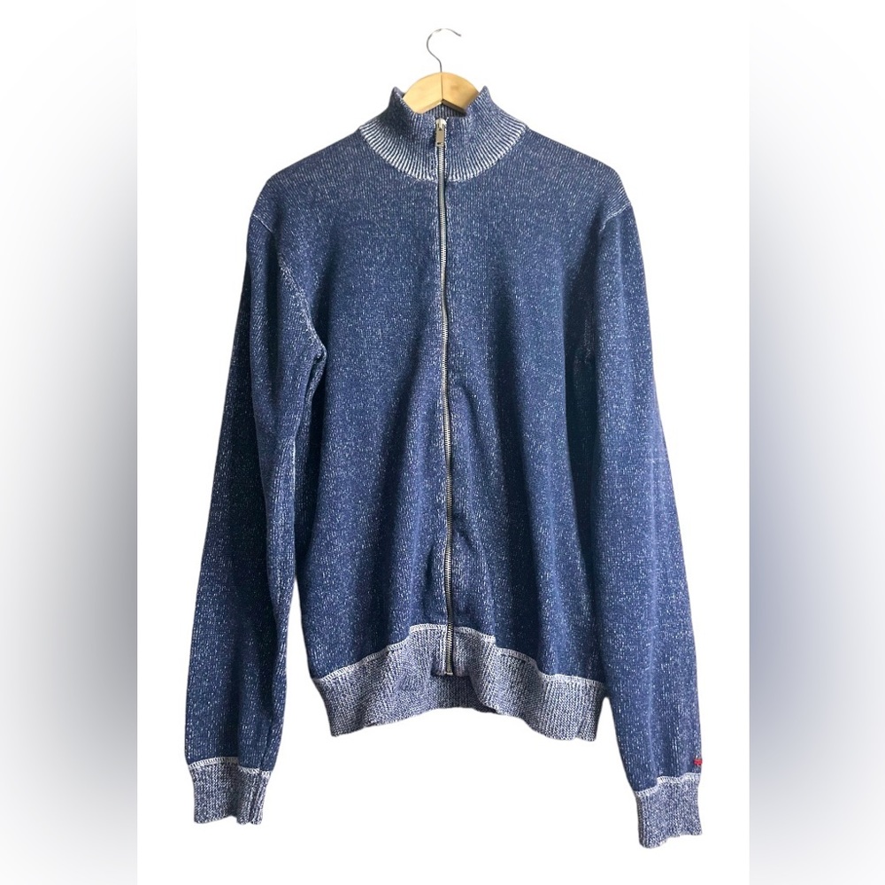 Castro | Mock Neck Full Zip Blue Cotton Sweater |  Size Medium
